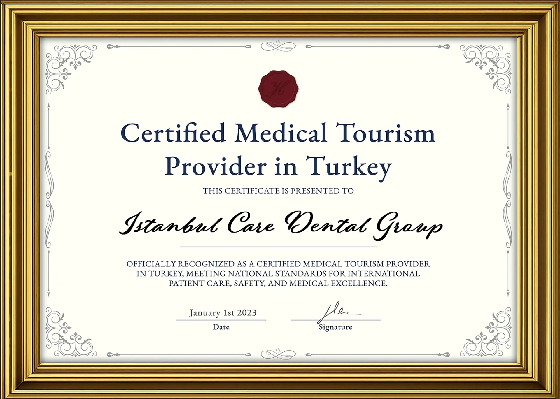 Istanbul Care Dental Group Medical Tourism Certificate