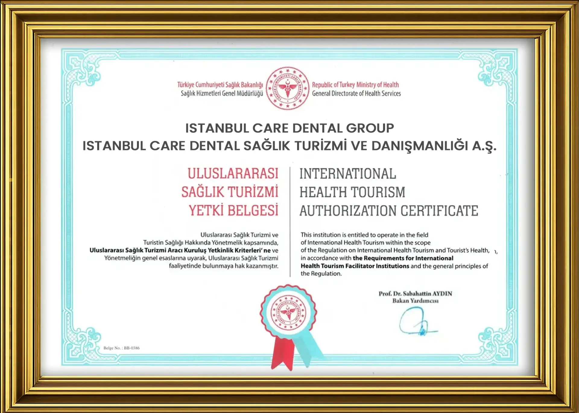 Istanbul Care Dental Health Tourism Certificate